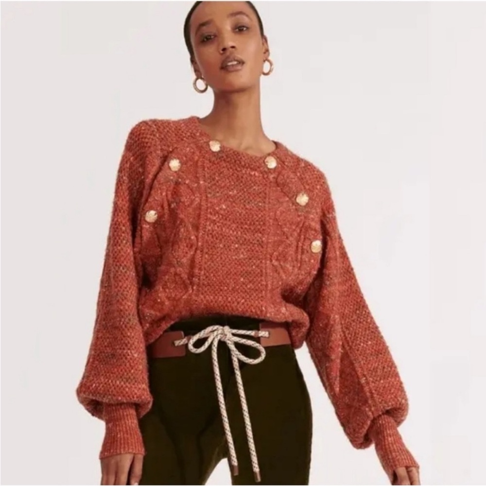 Veronica Beard Rust Cable Crewneck Sweater with Gold Buttons